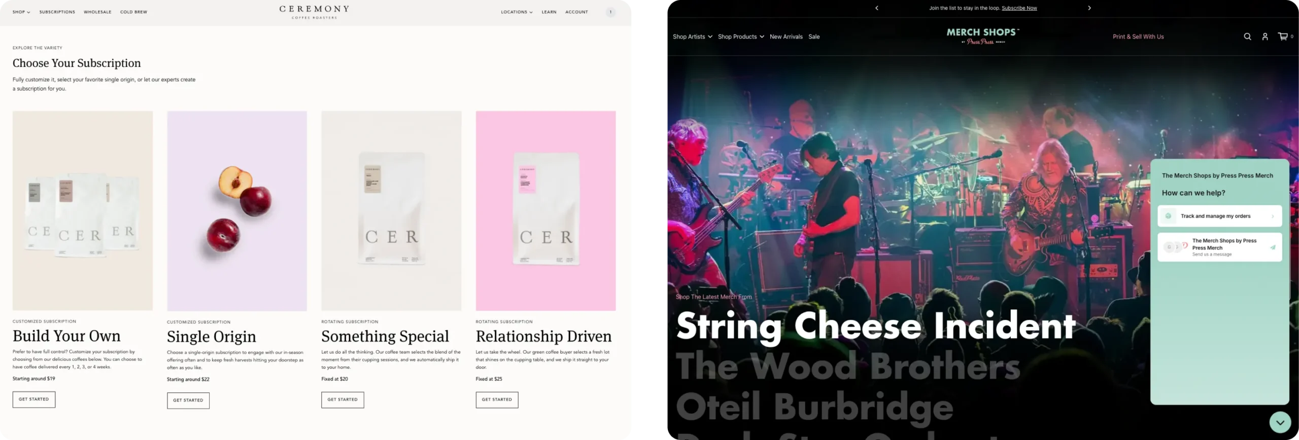 Ceremony Coffee Subscription Commerce powered by Recharge, Press Press Merch Shops Customer Chat and Order Tracking by Gorgias