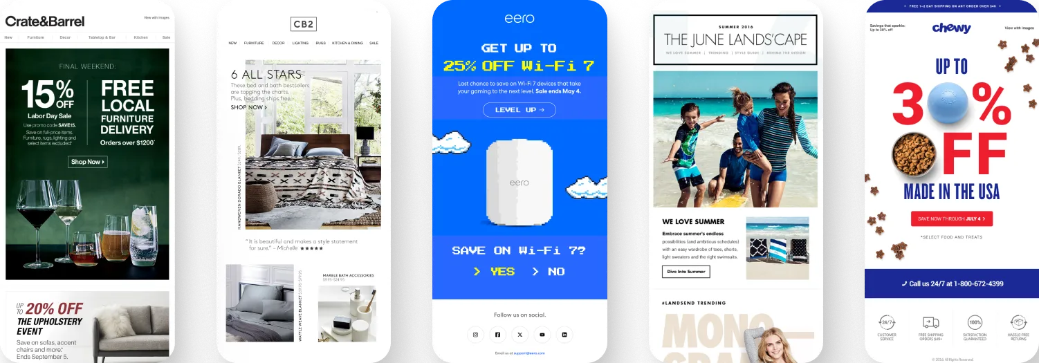 A collection of emails that Drexler produced for DTC and Retail brands such as Chewy, Crate and Barrel, Cb2, Lands End, and Eero